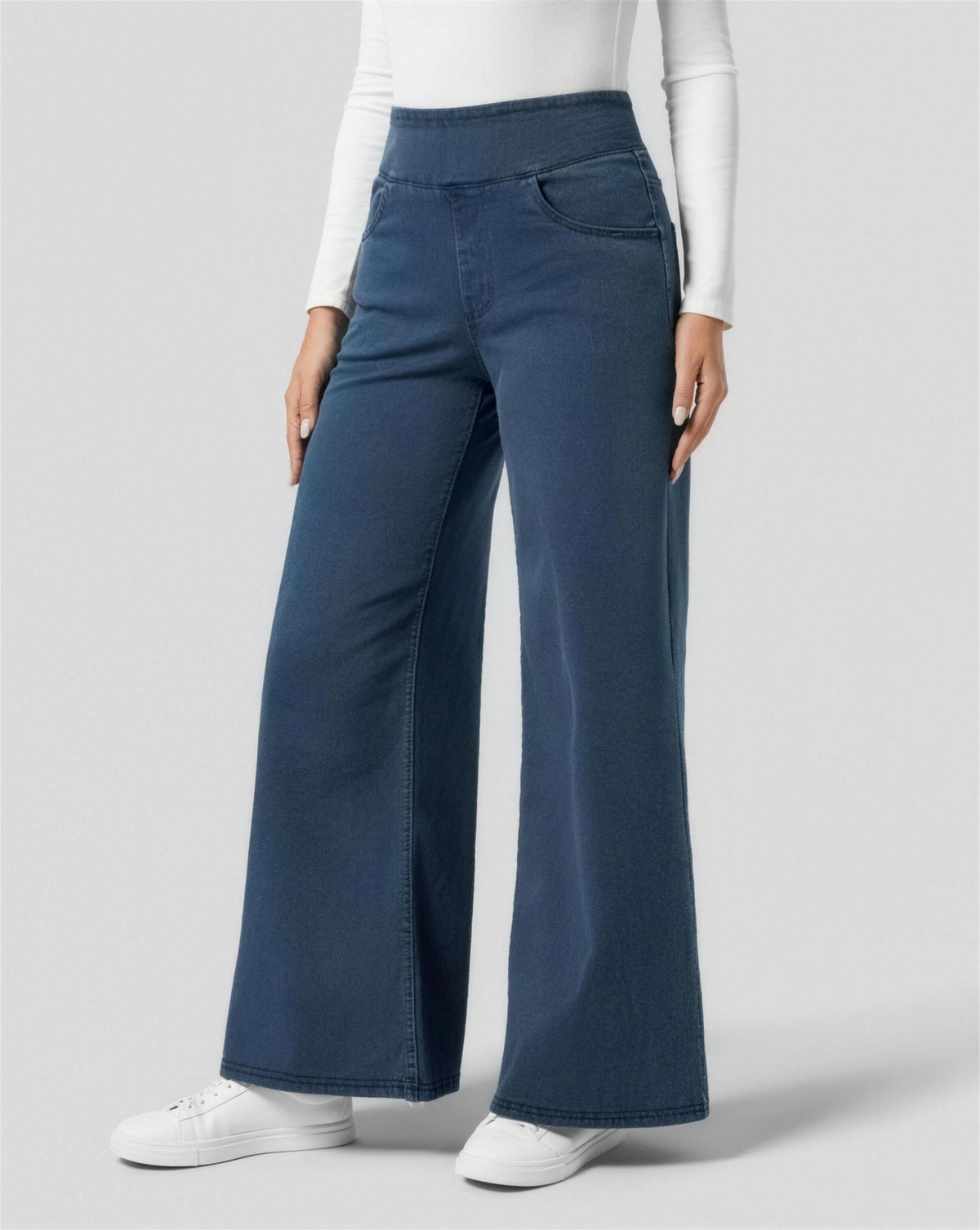 Pantalon femme taille haute coupe large, coloris bleu foncé