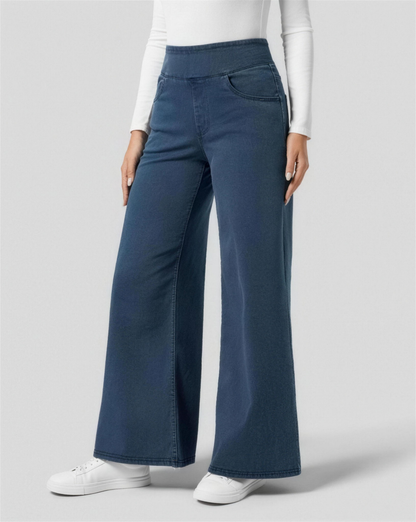 Pantalon femme taille haute coupe large, coloris bleu foncé