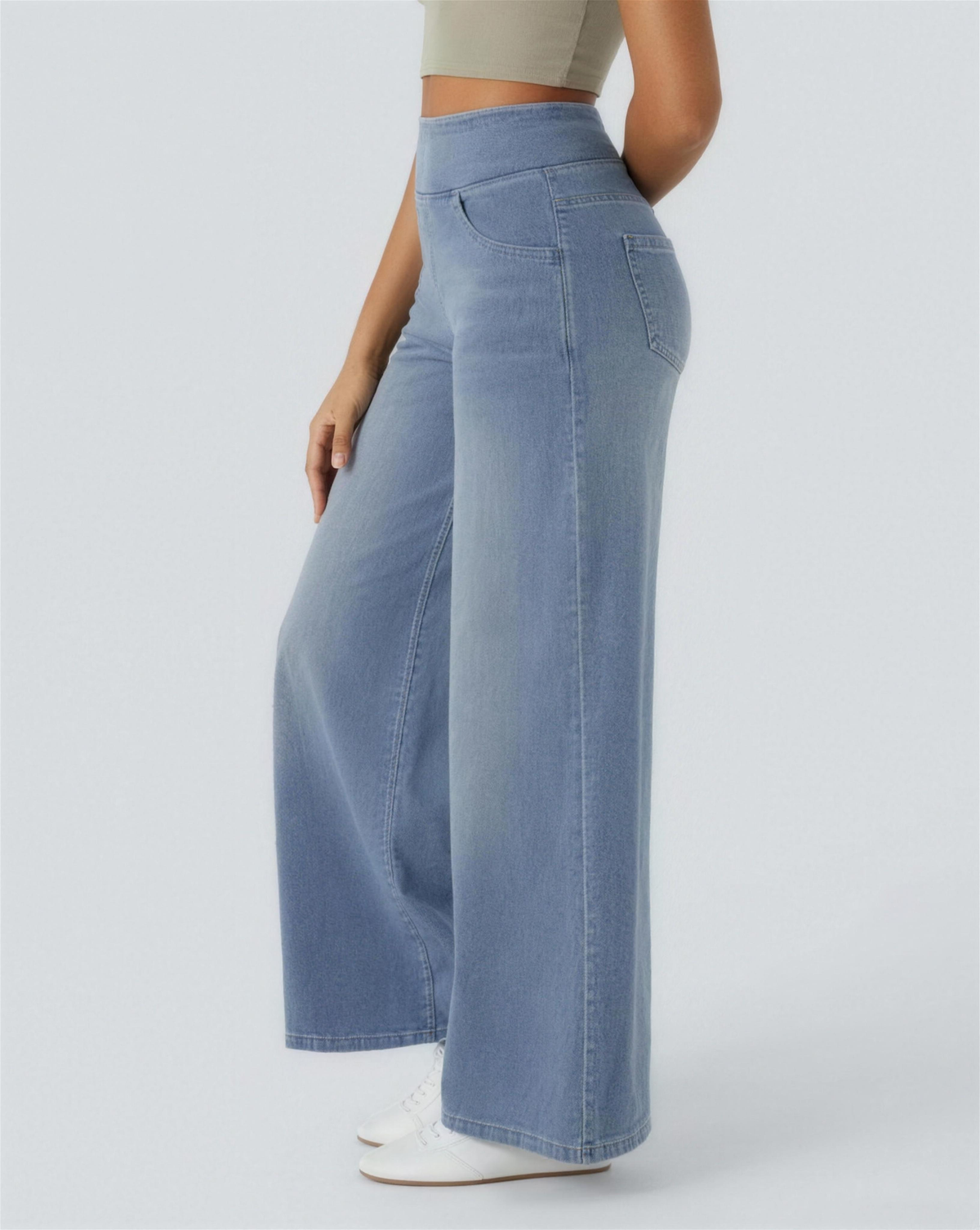 Pantalon femme taille haute coupe large, coloris bleu clair