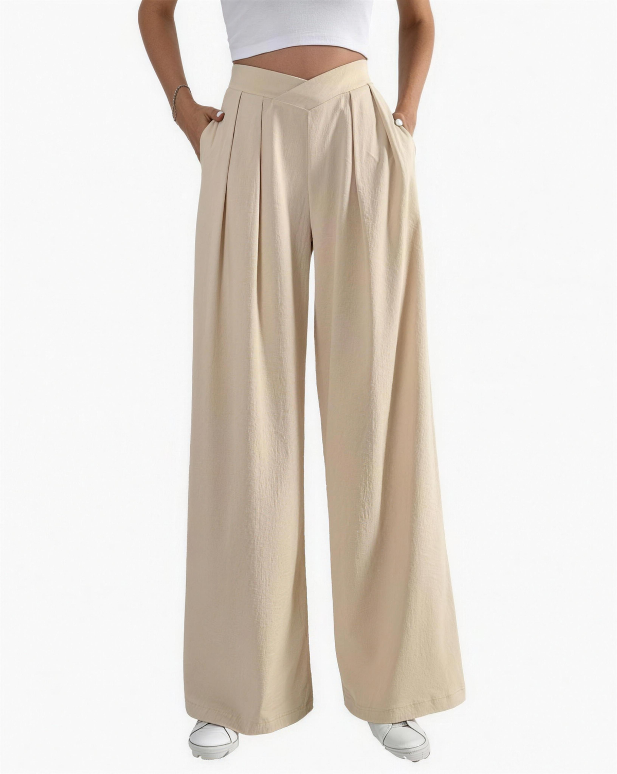 Pantalon femme taille haute à plis, coloris beige