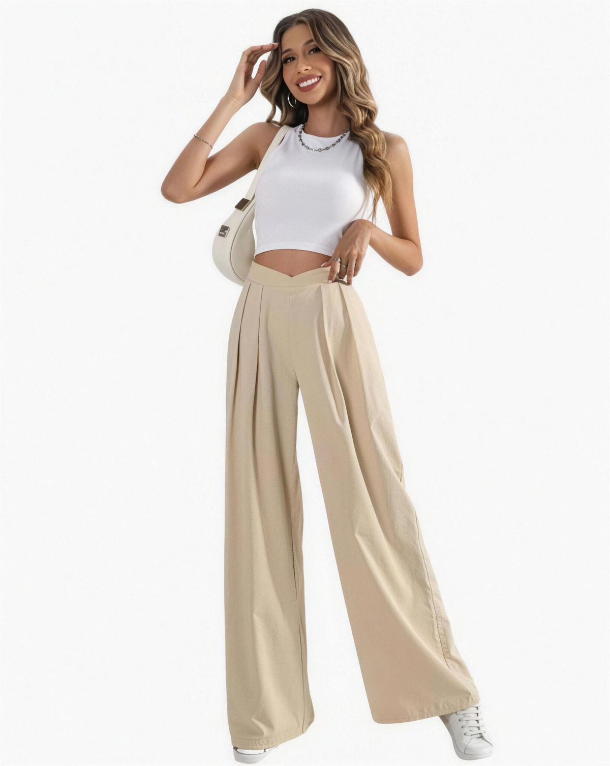 Pantalon femme taille haute à plis, vue de profil