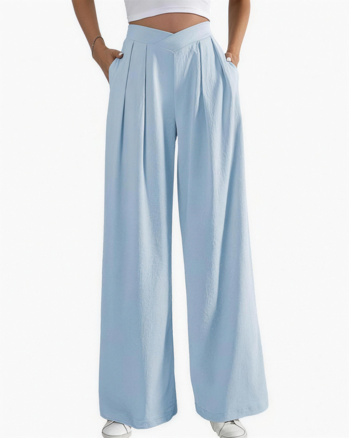 Pantalon femme taille haute à plis, coloris bleu