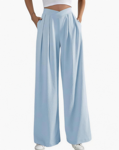 Pantalon femme taille haute à plis, coloris bleu