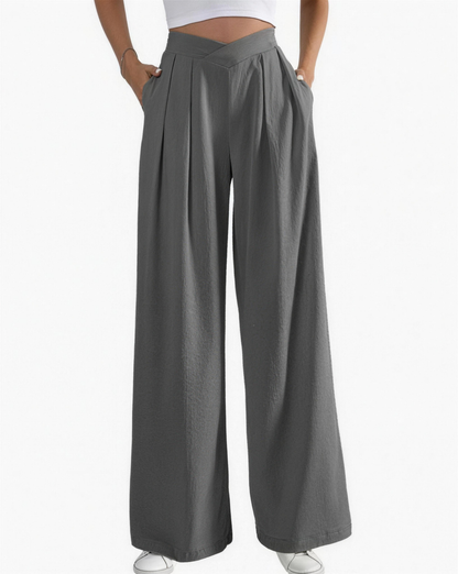 Pantalon femme taille haute à plis, coloris gris