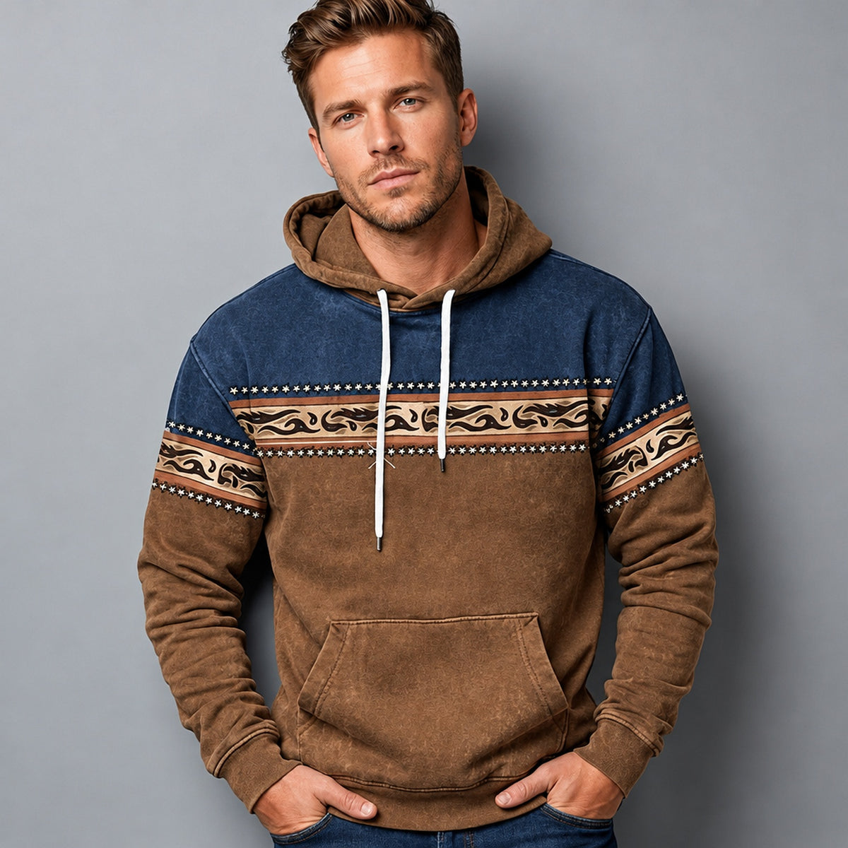 Hoodie à motif ethnique coloris brun, vue de face