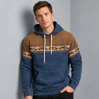 Hoodie à motif ethnique coloris bleu, détail des poches
