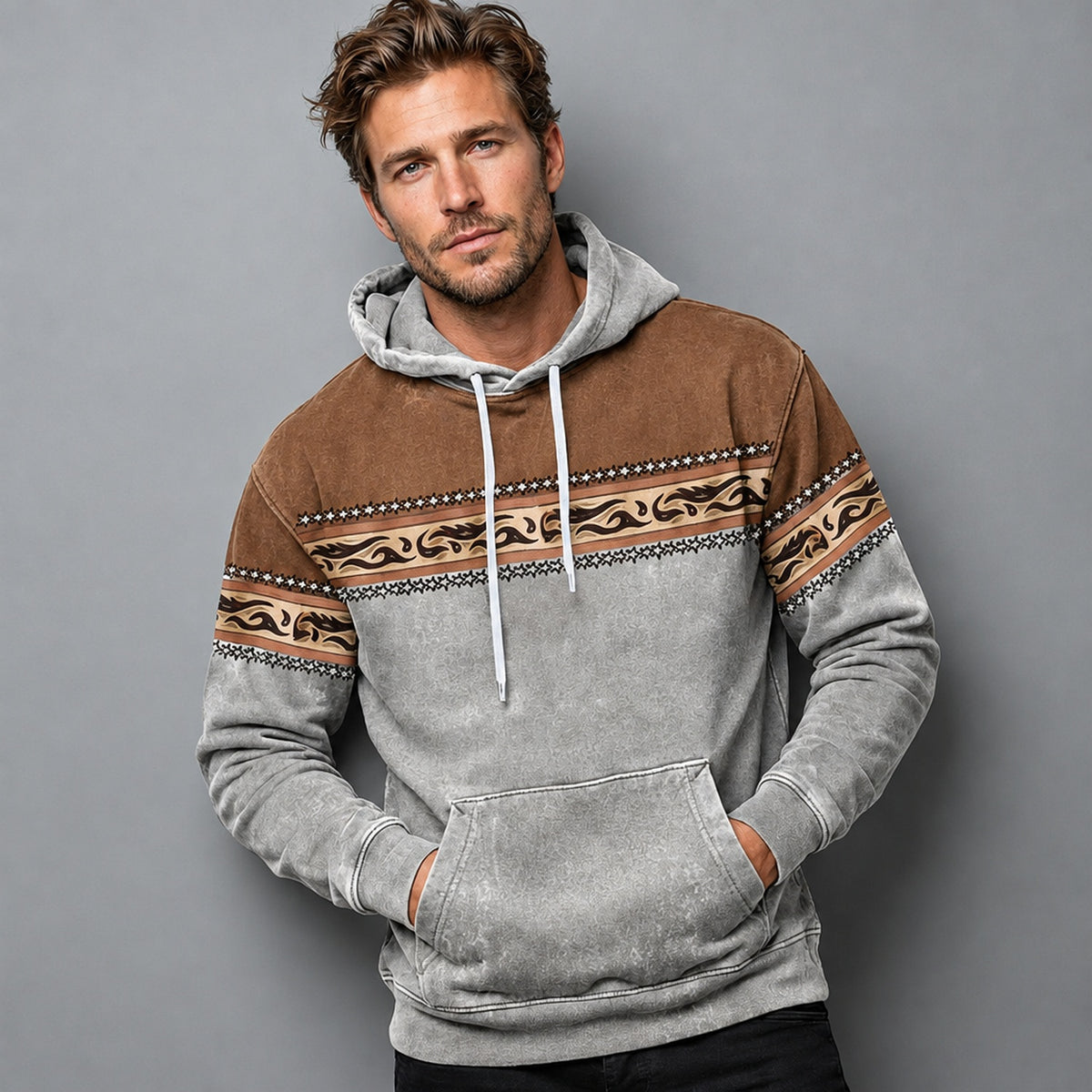 Hoodie à motif ethnique coloris gris, vue de dessus