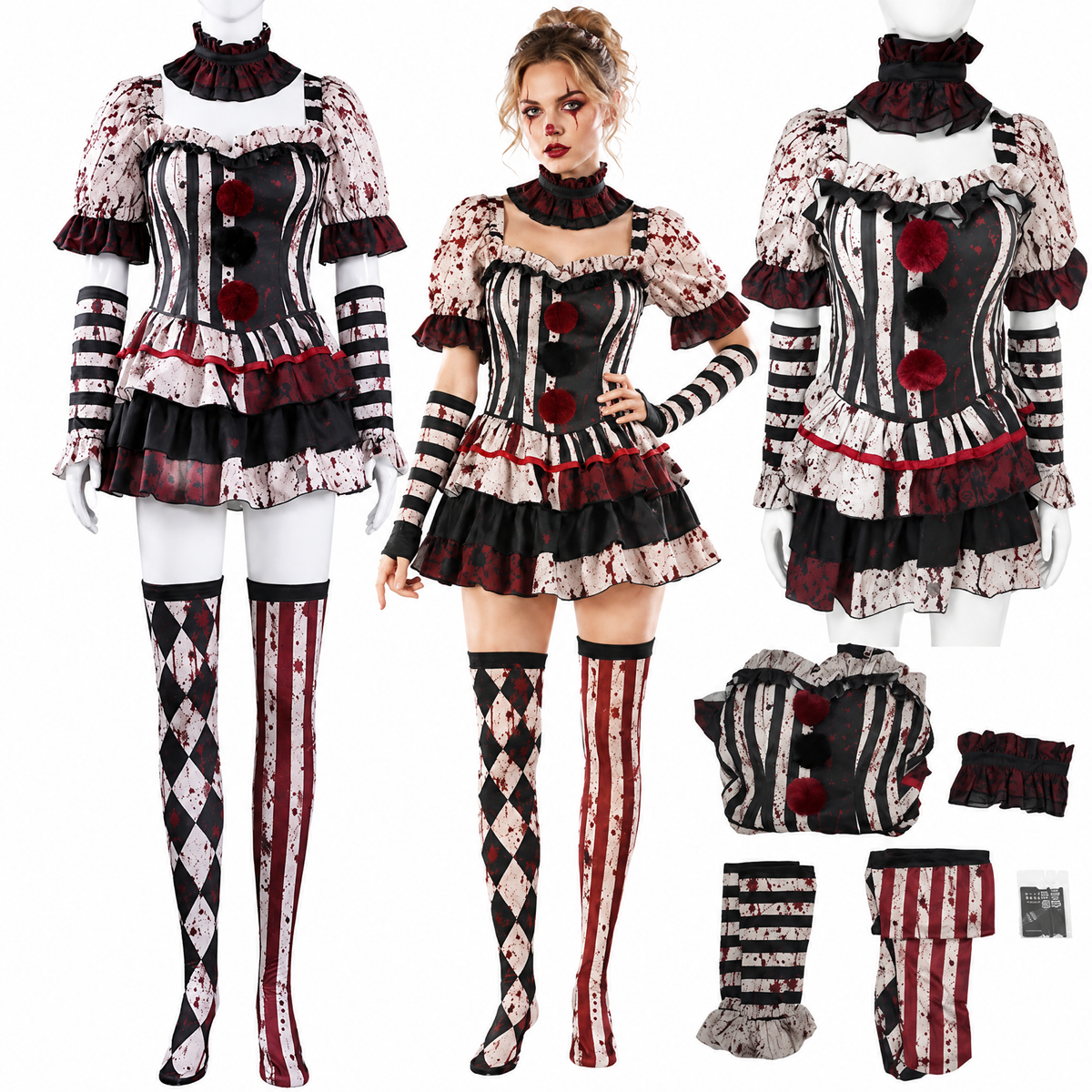 Déguisement Pennywise femme, robe de clown avec collerette à volants, boutons pompons, manches rayées et bas assortis