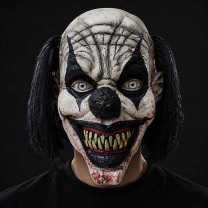 Modèle portant le masque clown horreur noir en latex avec cheveux longs, vue de face