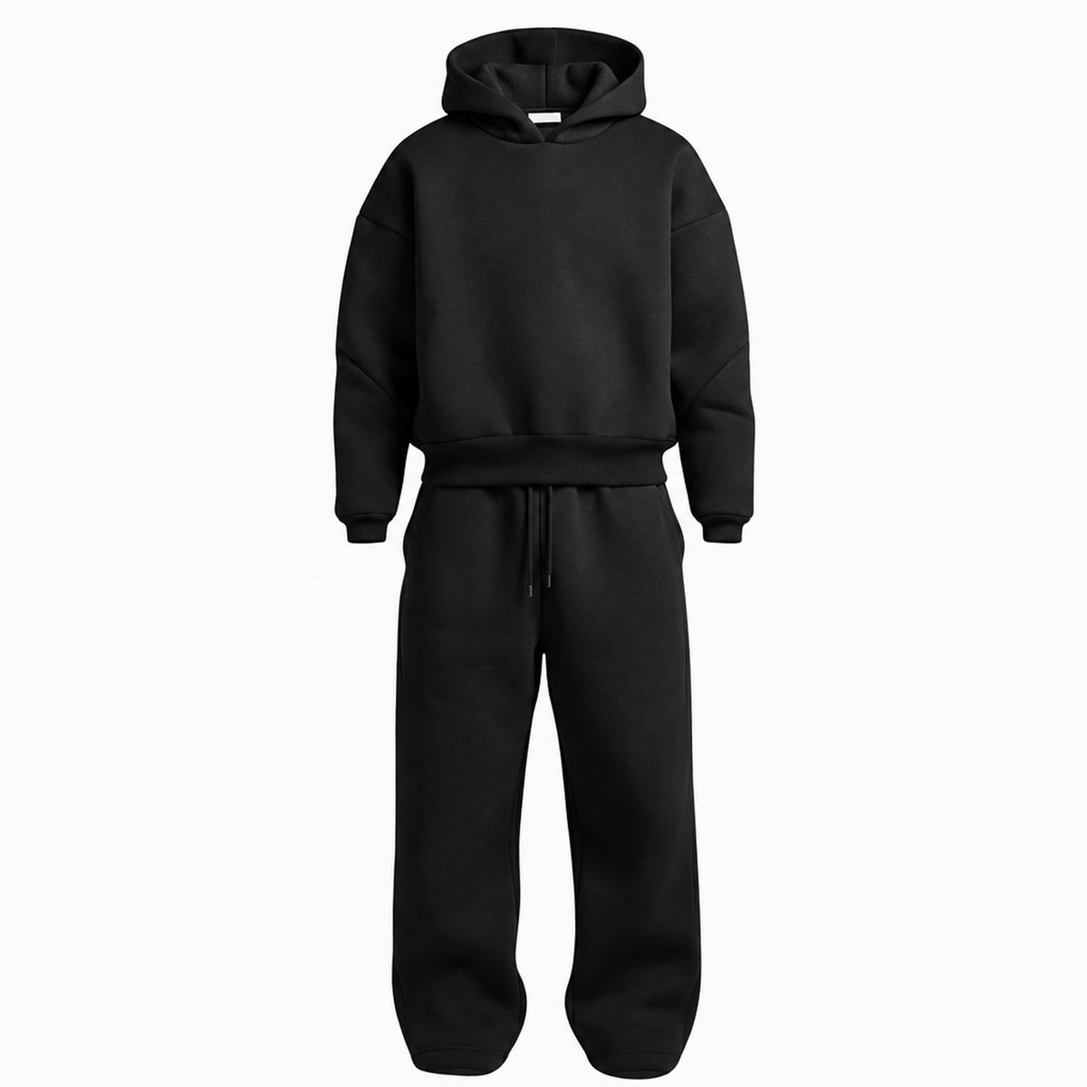 Ensemble streetwear homme oversize noir, sweat à capuche et jogging coton, vue de face à plat