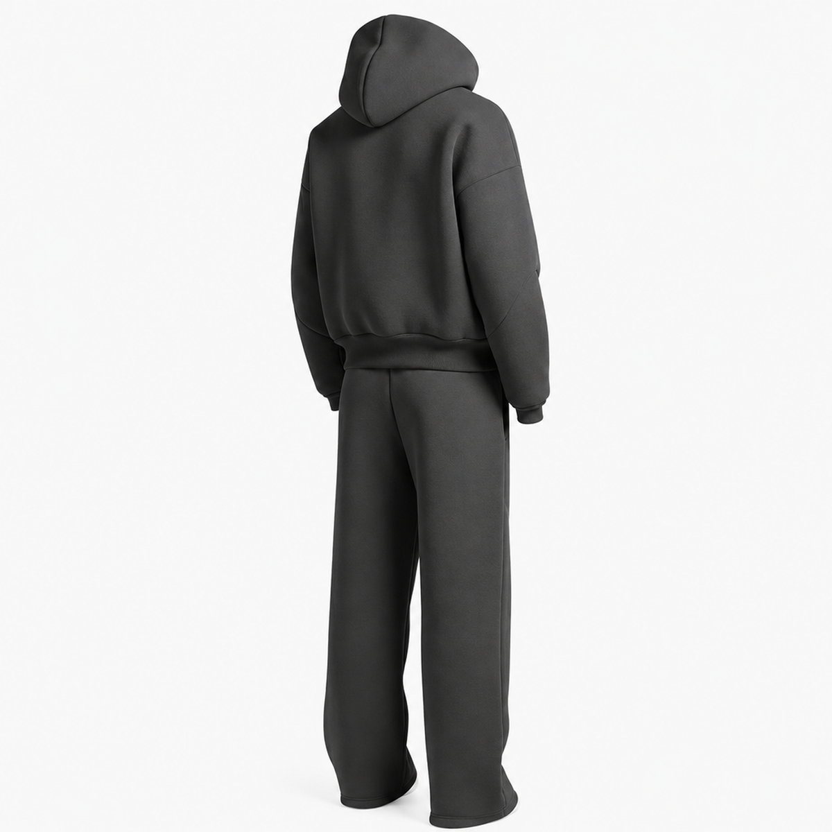 Ensemble streetwear oversize homme, vue de dos avec capuche relevée et coupe ample