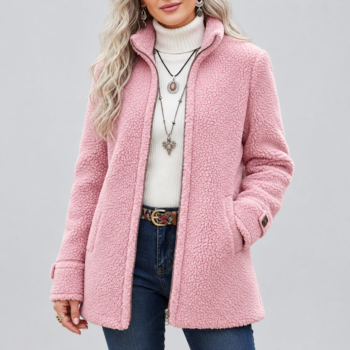 Veste zippée pour femme, vue de face, fond studio