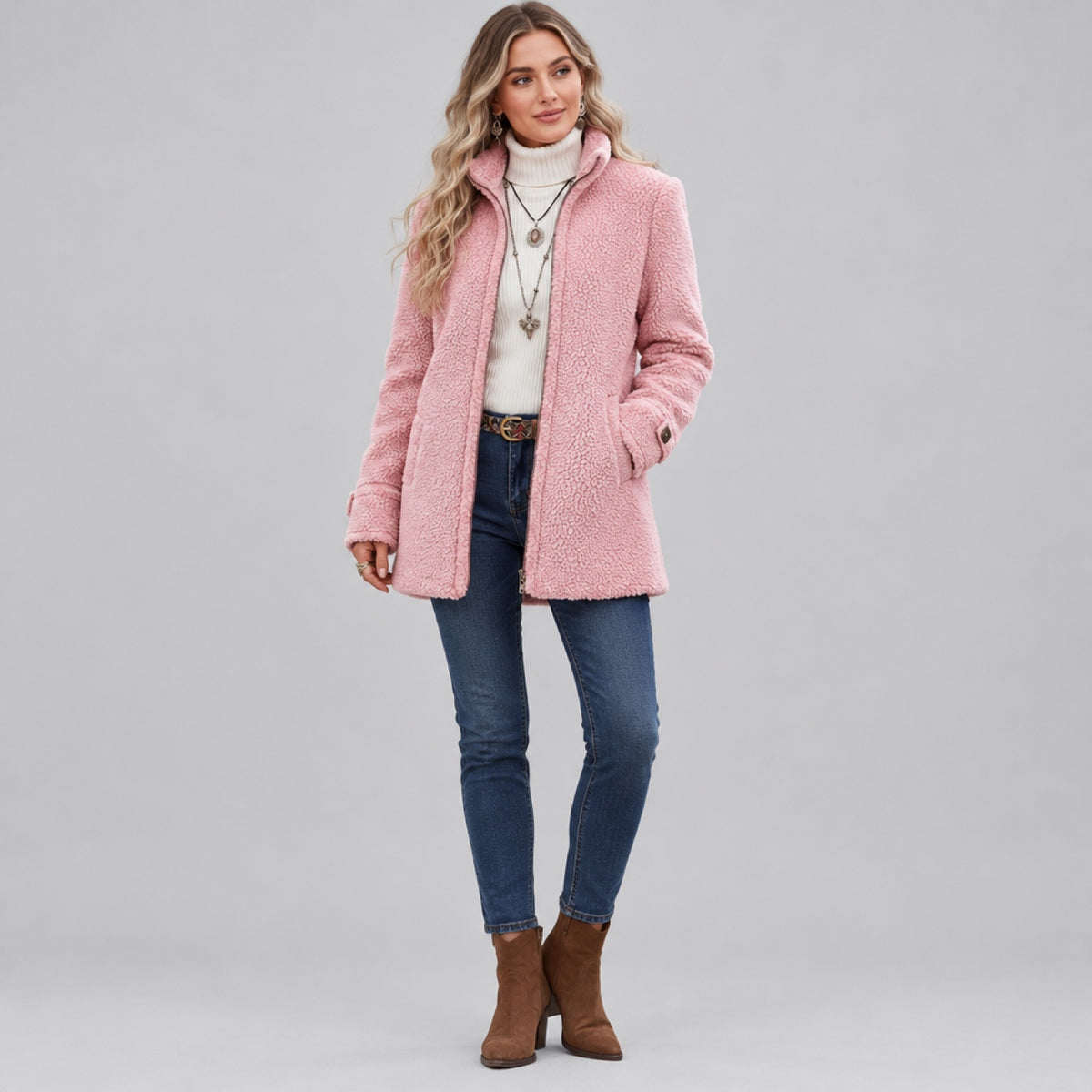 Veste zippée pour femme portée par une personne, vue complète