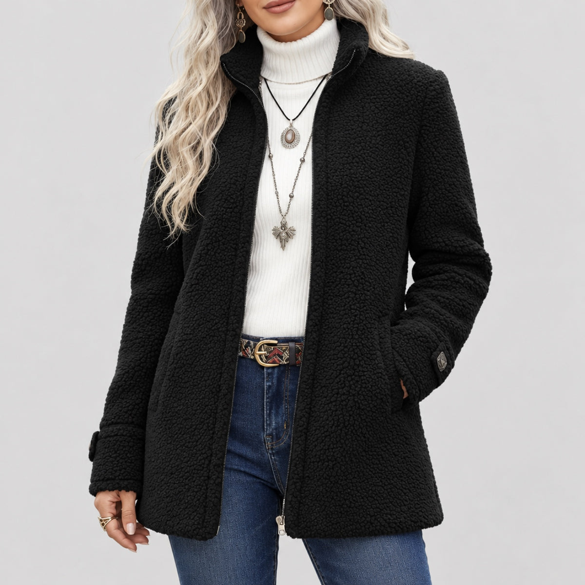 Veste zippée pour femme portée avec un jean, vue studio