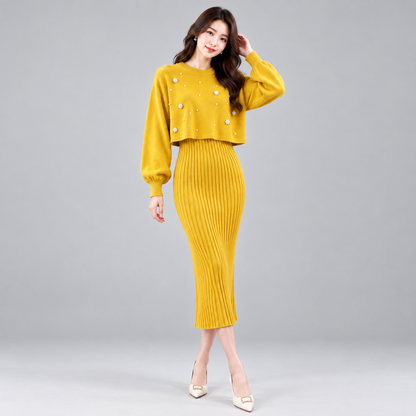 Ensemble robe pull tricot perlé jaune et jupe mi-longue côtelée assortie