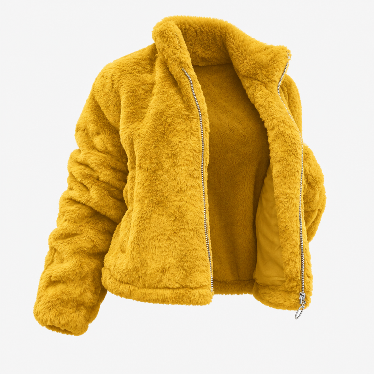 Veste oversize femme fausse fourrure jaune moutarde, vue de face