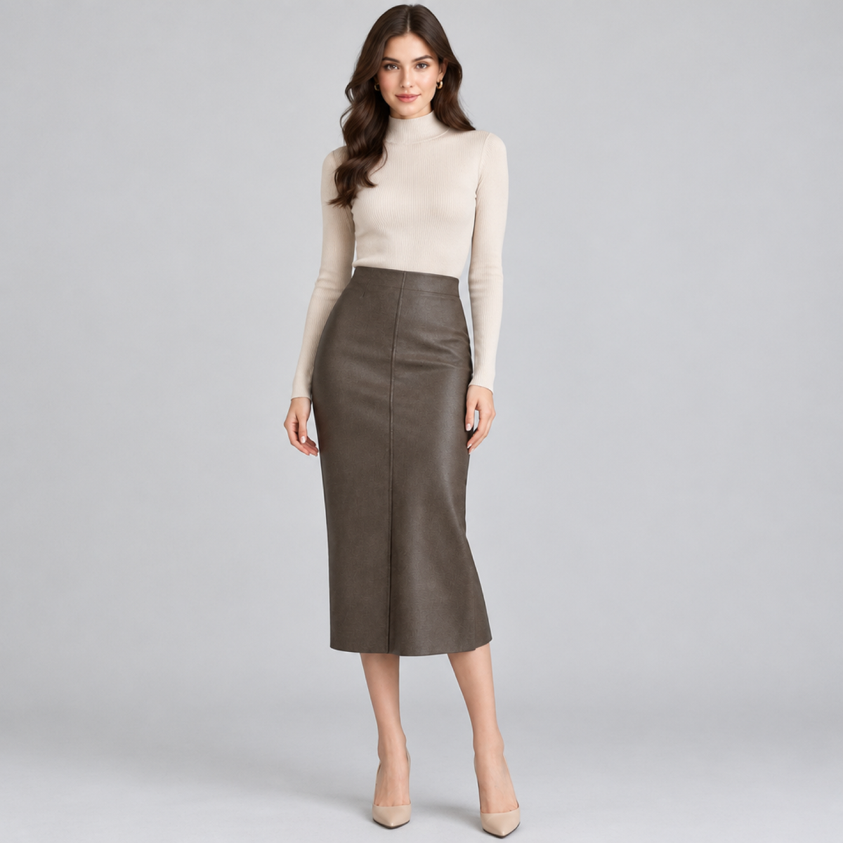 Mannequin portant la jupe crayon taille haute en simili cuir café avec un pull beige, vue de face
