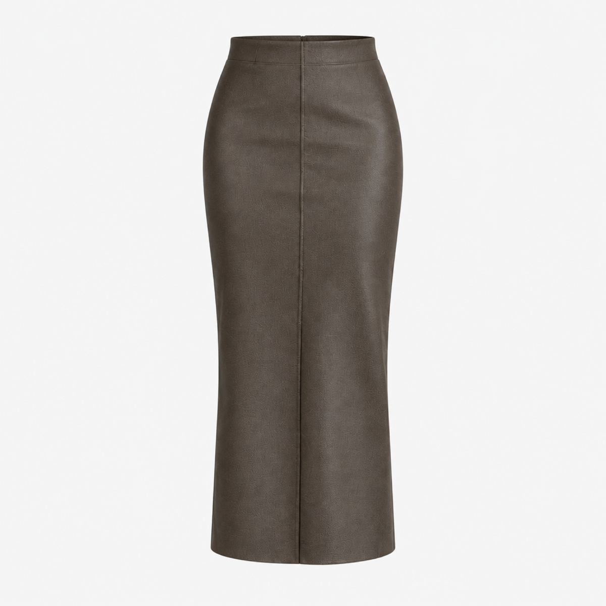 Jupe crayon taille haute en simili cuir café, photo studio produit sur fond uni, vue de face