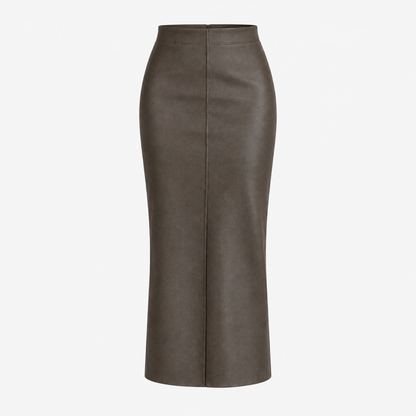 Jupe crayon taille haute en simili cuir café, photo studio produit sur fond uni, vue de face