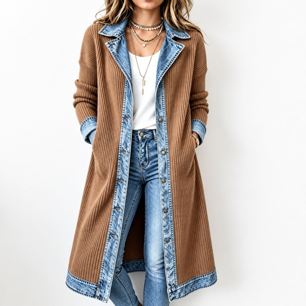 Cardigan long femme col et revers en denim délavé, coloris kaki, porté avec un jean