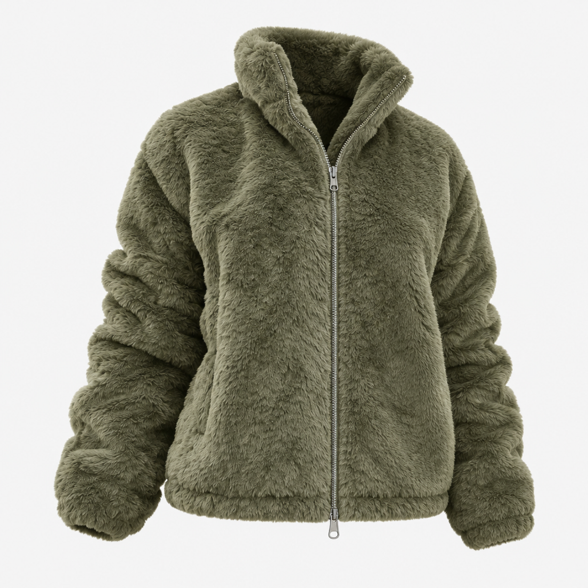 Veste oversize femme fausse fourrure kaki, vue de face