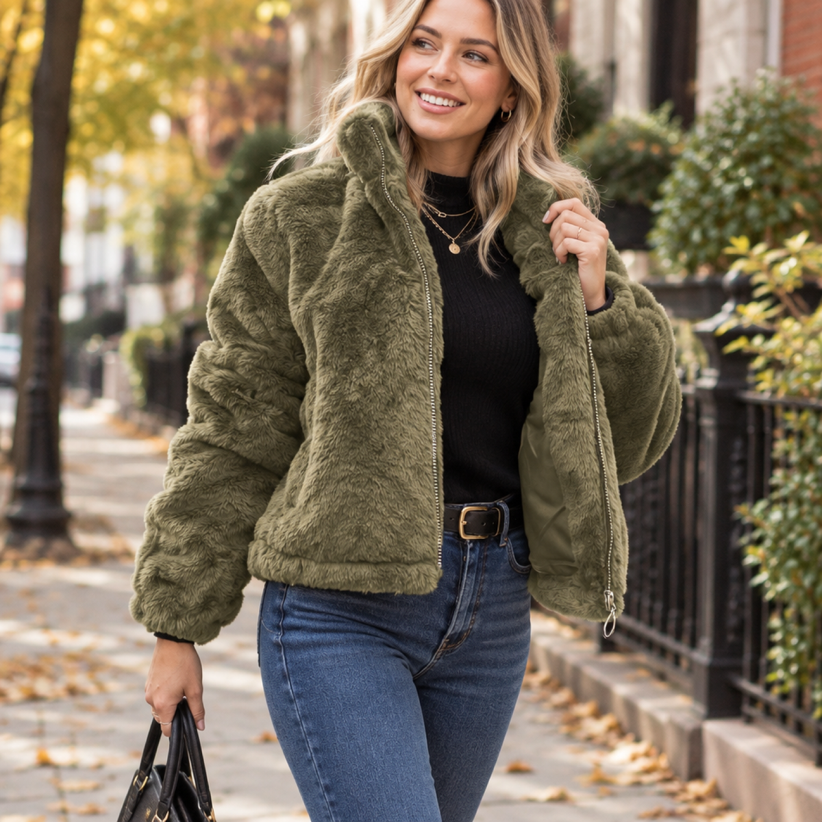 Mannequin portant la veste oversize fausse fourrure kaki en extérieur