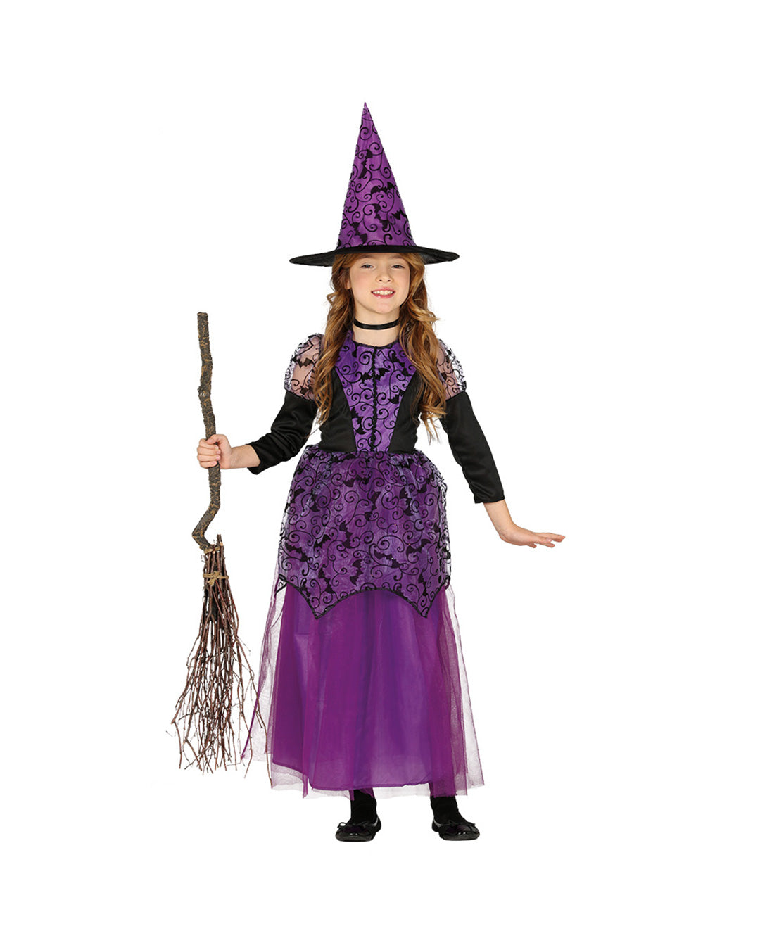 Costume enfant petite sorcière violette avec chapeau pointu, vue de face