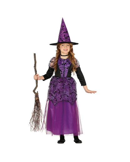 Costume enfant petite sorcière violette avec chapeau pointu, vue de face