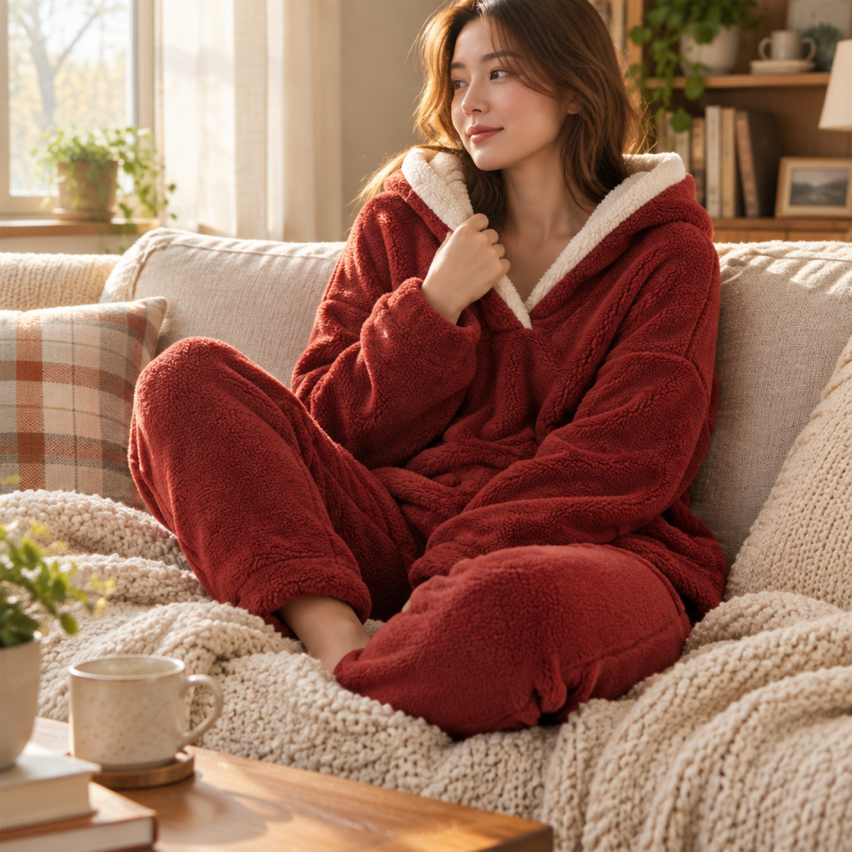 Femme portant l'ensemble polaire rouge, détendue sur un canapé avec un café, matin cocooning