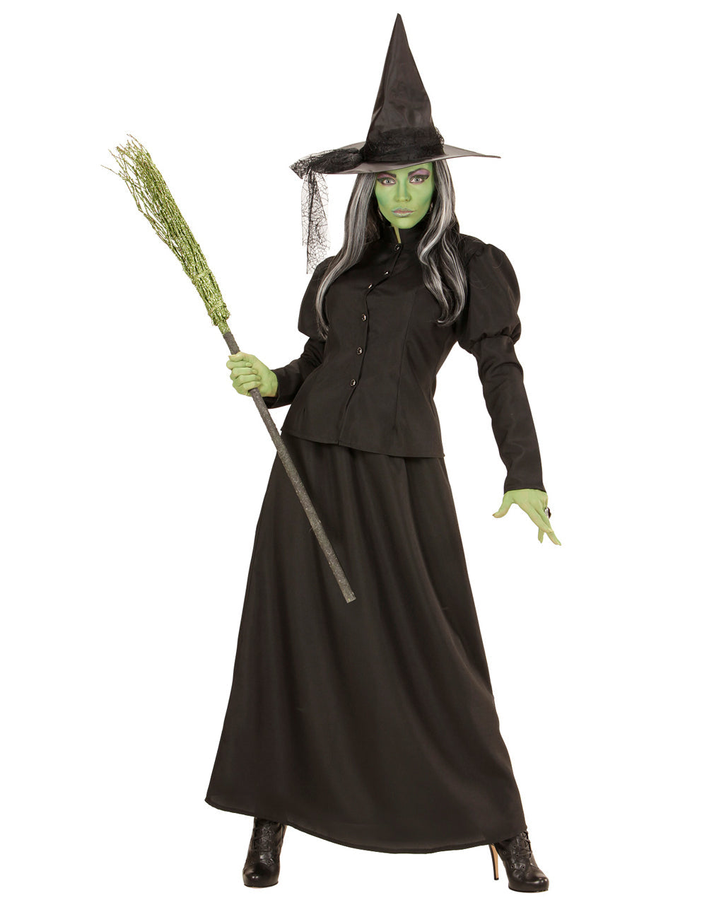 Costume de sorcière noir avec balai, veste et jupe longue