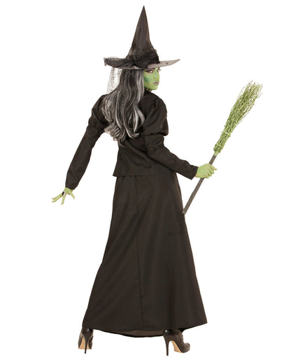 Costume de sorcière noir, vue de dos avec chapeau pointu