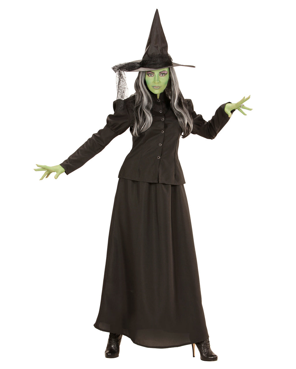 Costume de sorcière noir 3 pièces, vue de face avec chapeau pointu