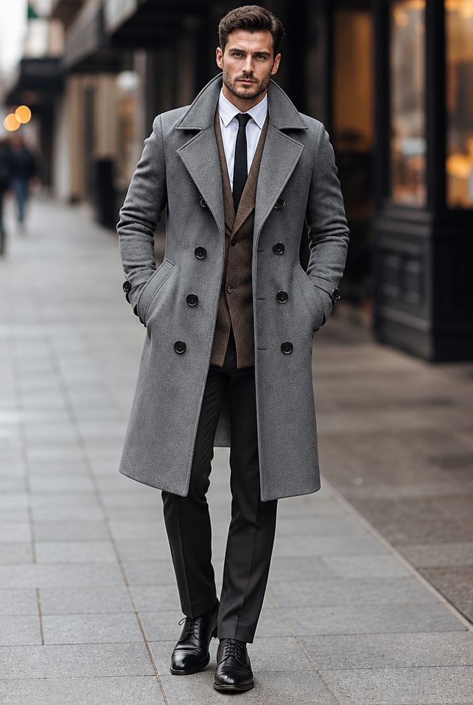 Manteau croisé homme coloris Gris porté par un mannequin, vue en pied en extérieur