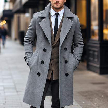Manteau croisé homme coloris Gris, col classique et fermeture boutonnée, vue de face portée
