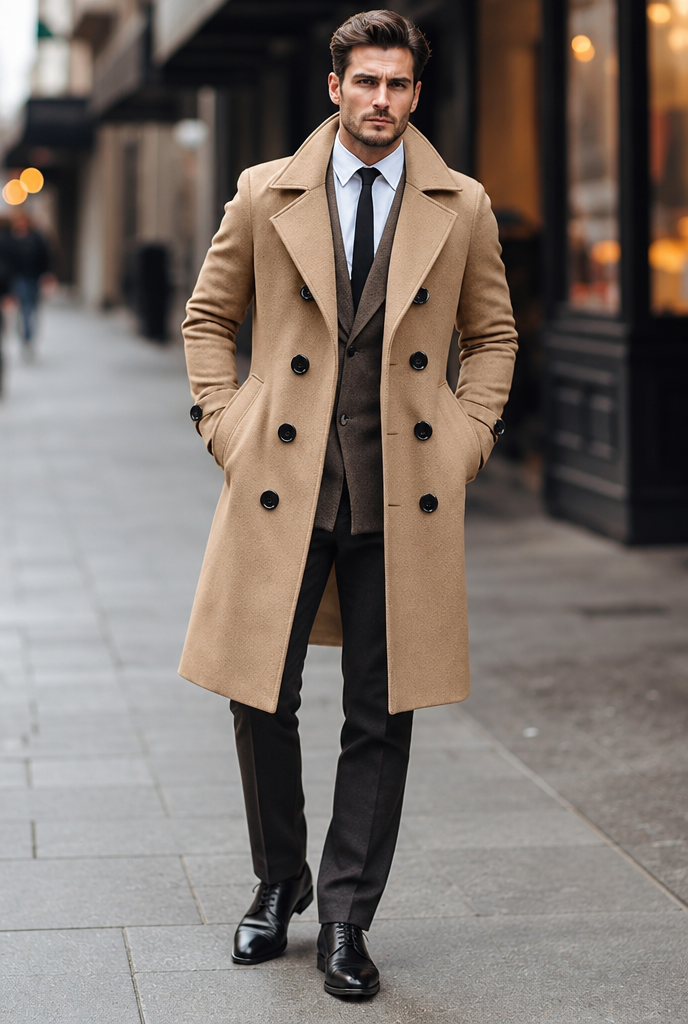 Manteau croisé homme coloris Marron Clair porté par un mannequin, vue en pied en extérieur