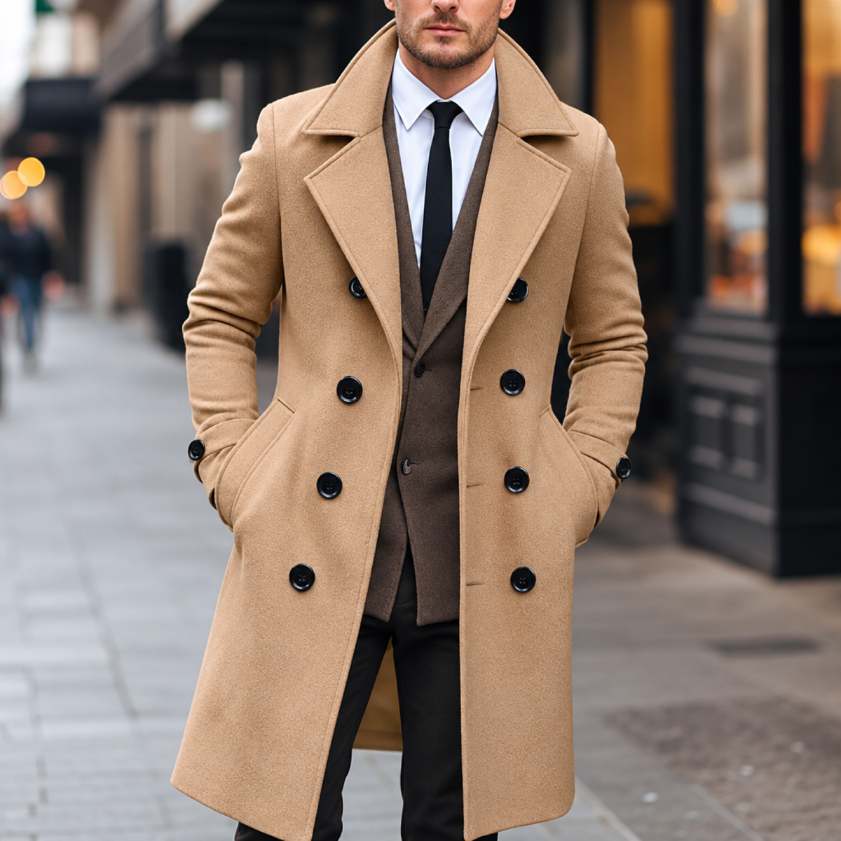Manteau croisé homme coloris Marron Clair, col classique et fermeture boutonnée, vue de face portée