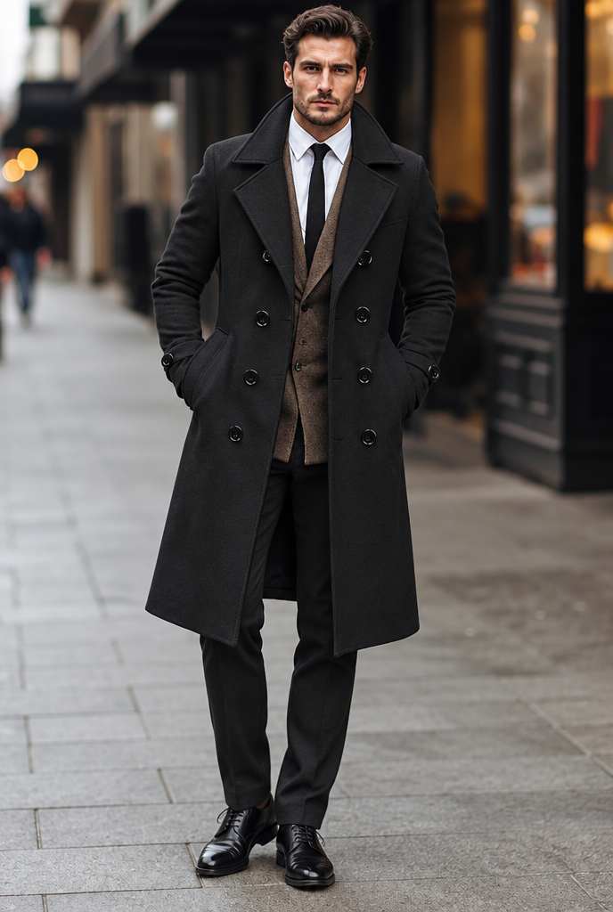 Manteau croisé homme coloris Noir porté par un mannequin, vue en pied en extérieur