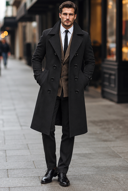 Manteau croisé homme coloris Noir porté par un mannequin, vue en pied en extérieur