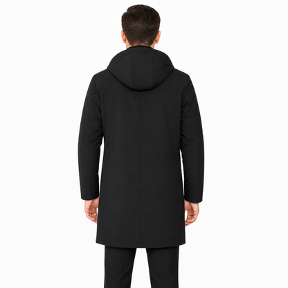 Vue de dos du manteau long à capuche matelassé pour homme montrant la coupe droite
