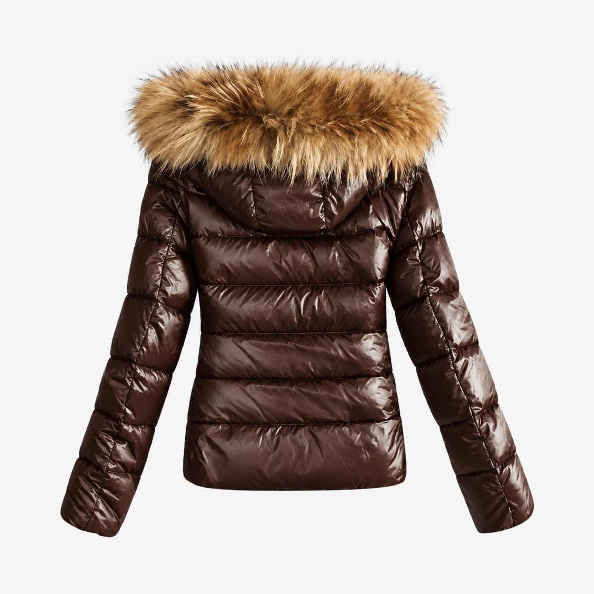 Manteau simili cuir femme marron chocolat avec capuche et col en fausse fourrure, vue de dos