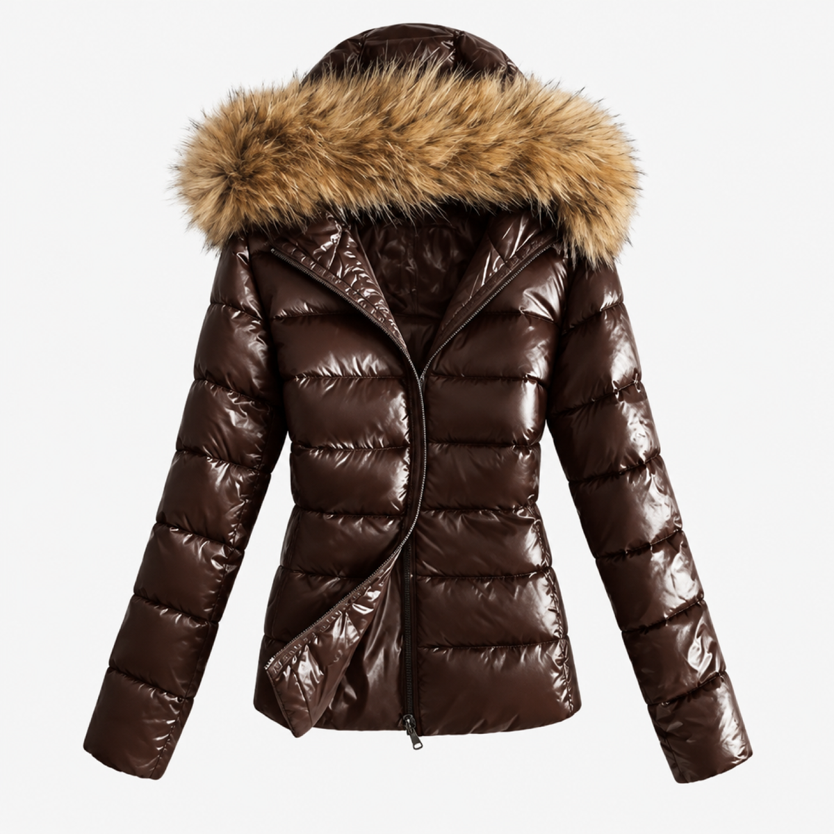 Manteau simili cuir femme marron chocolat avec col en fausse fourrure, vue de face, fermeture éclair asymétrique
