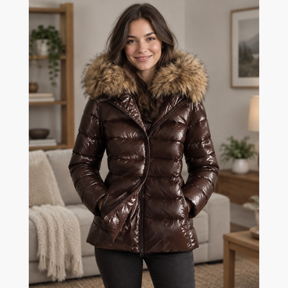 Femme souriante portant le manteau simili cuir marron chocolat à capuche fausse fourrure, photo lifestyle