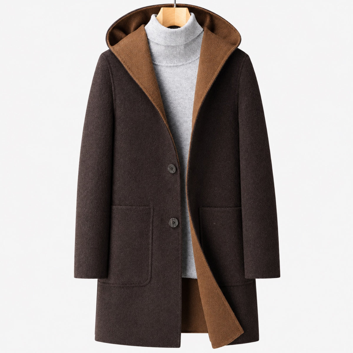 manteau long femme marron foncé capuche, vue devant