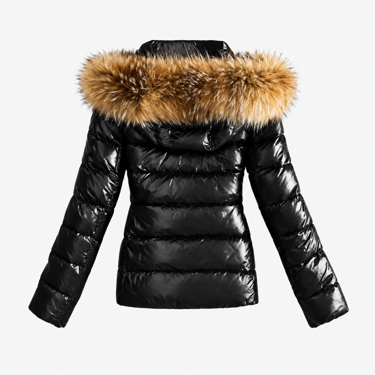 Manteau simili cuir femme noir avec capuche et col en fausse fourrure, vue de dos