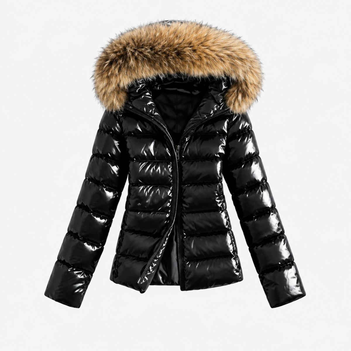 Manteau simili cuir femme noir avec col en fausse fourrure, vue de face, fermeture éclair asymétrique