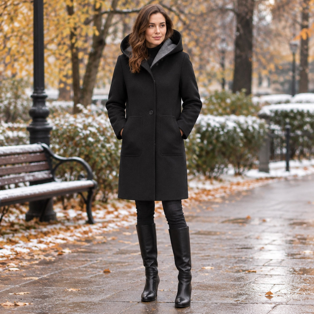 femme portant le manteau long noir à capuche en extérieur