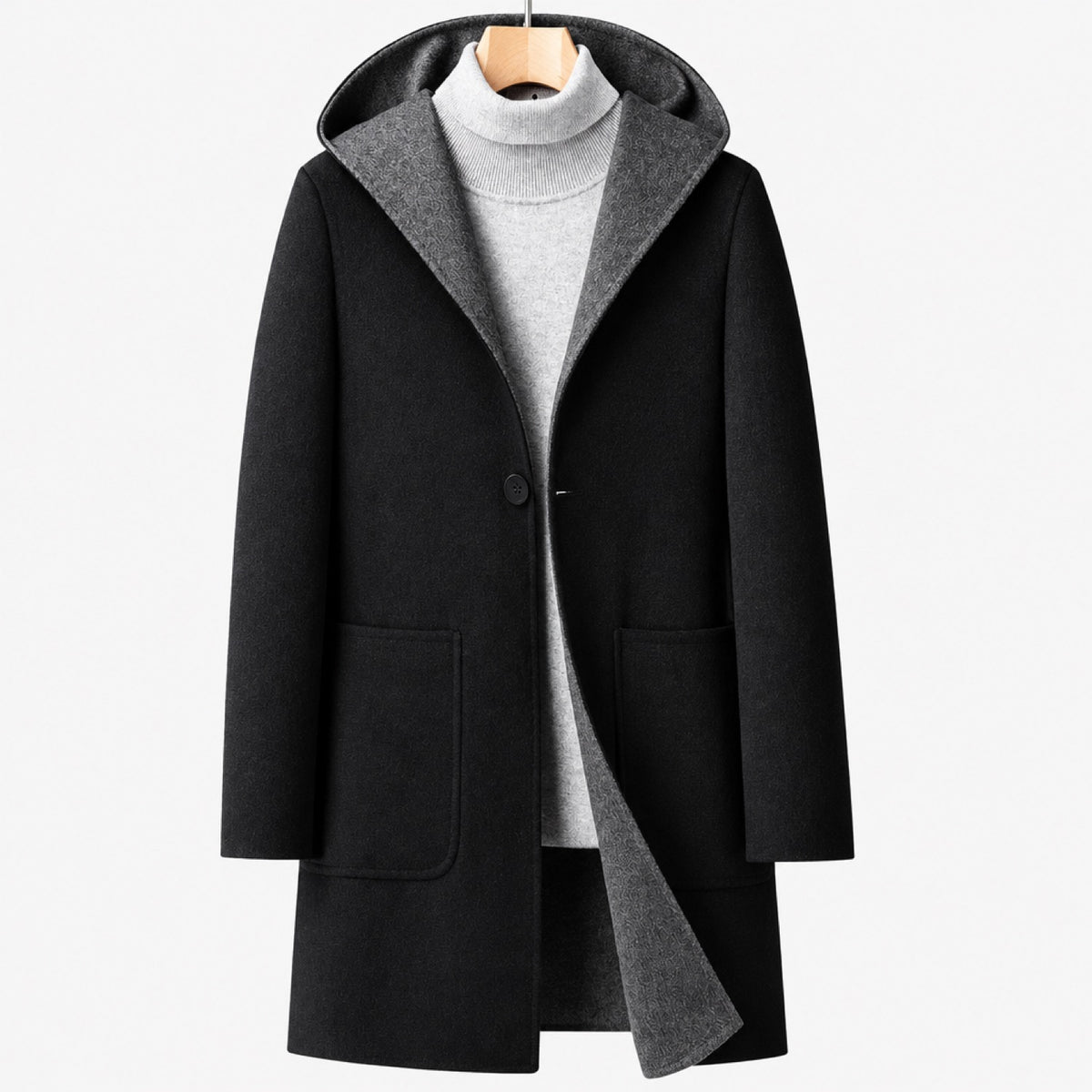 manteau long femme noir capuche, vue devant