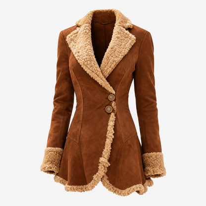 Manteau aspect suède marron foncé fourré à col boutonné, vue de face