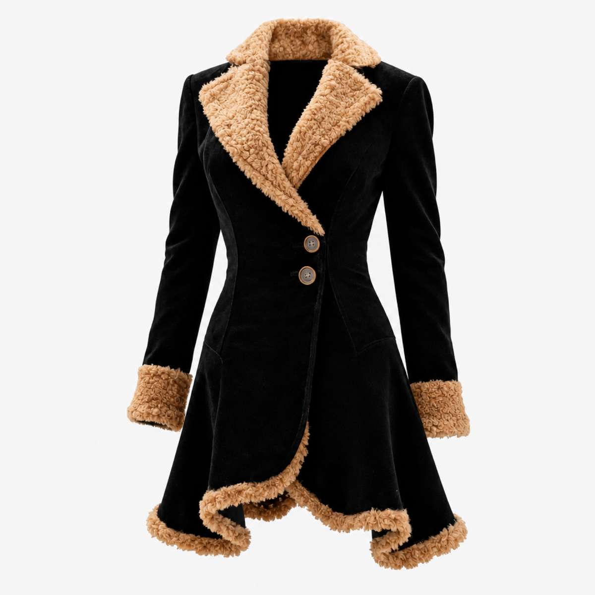 Manteau aspect suède noir fourré à col boutonné, vue de face