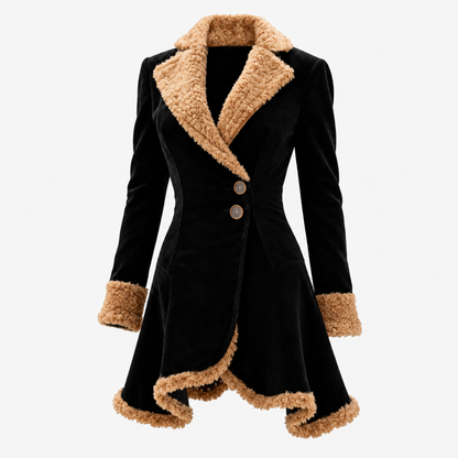 Manteau aspect suède noir fourré à col boutonné, vue de face